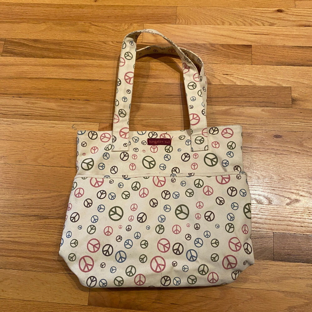 Bungalow 360 Tote Bag Canvas Peace Sign Shoulder Bag Hippie Beige Lined